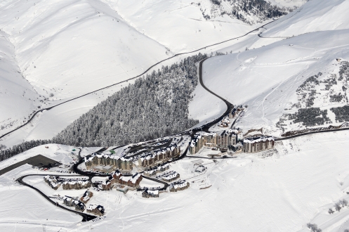 Aerial view of Peyragudes village. Hautes Pyrenees